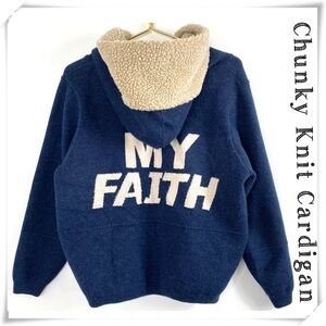 HANDMADE My Faith Logo Back Chunky Knit Zip Up Hoodie Cardigan Sweater Indigo